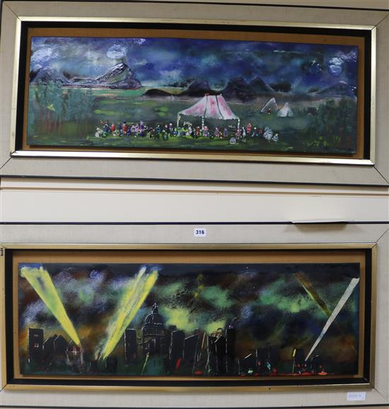 Two large enamel on copper plaques The Blitz near St Pauls with Searchlights and A Country Fair with Marquee & Procession, 30 x 92